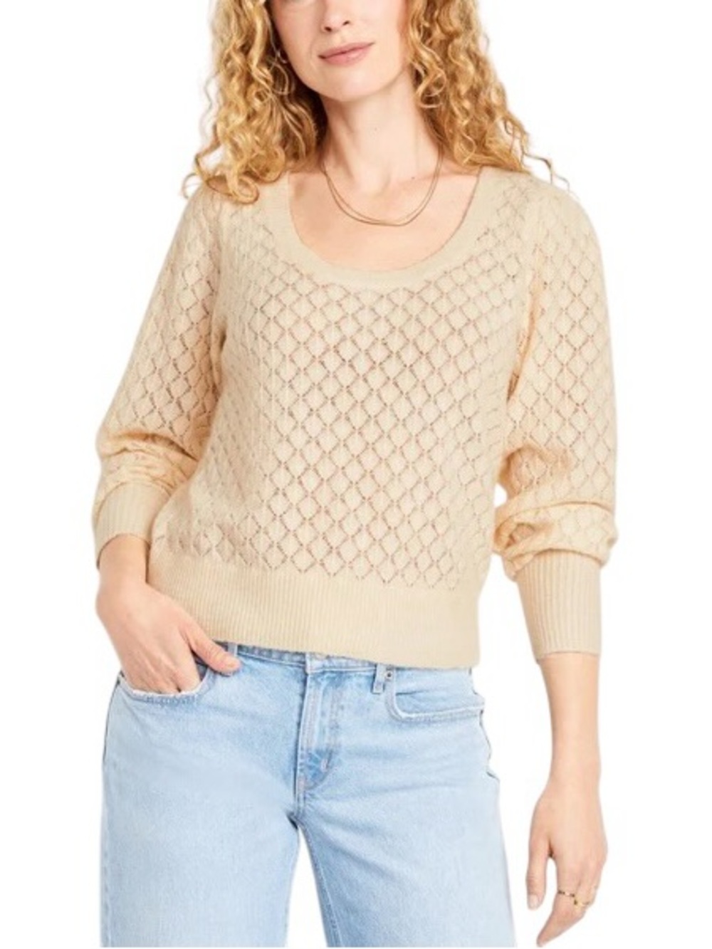 Old Navy Cream Pontelle Cotton Wool Blend Balloon Sleeve Knit Sweater Small